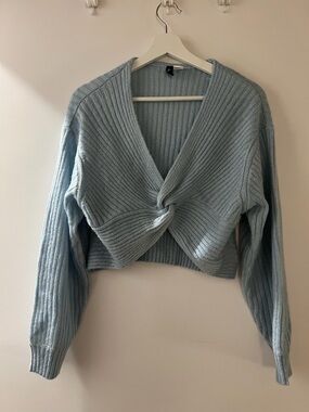 H&M Light Blue Ribbed Twist-Front V-Neck Sweater